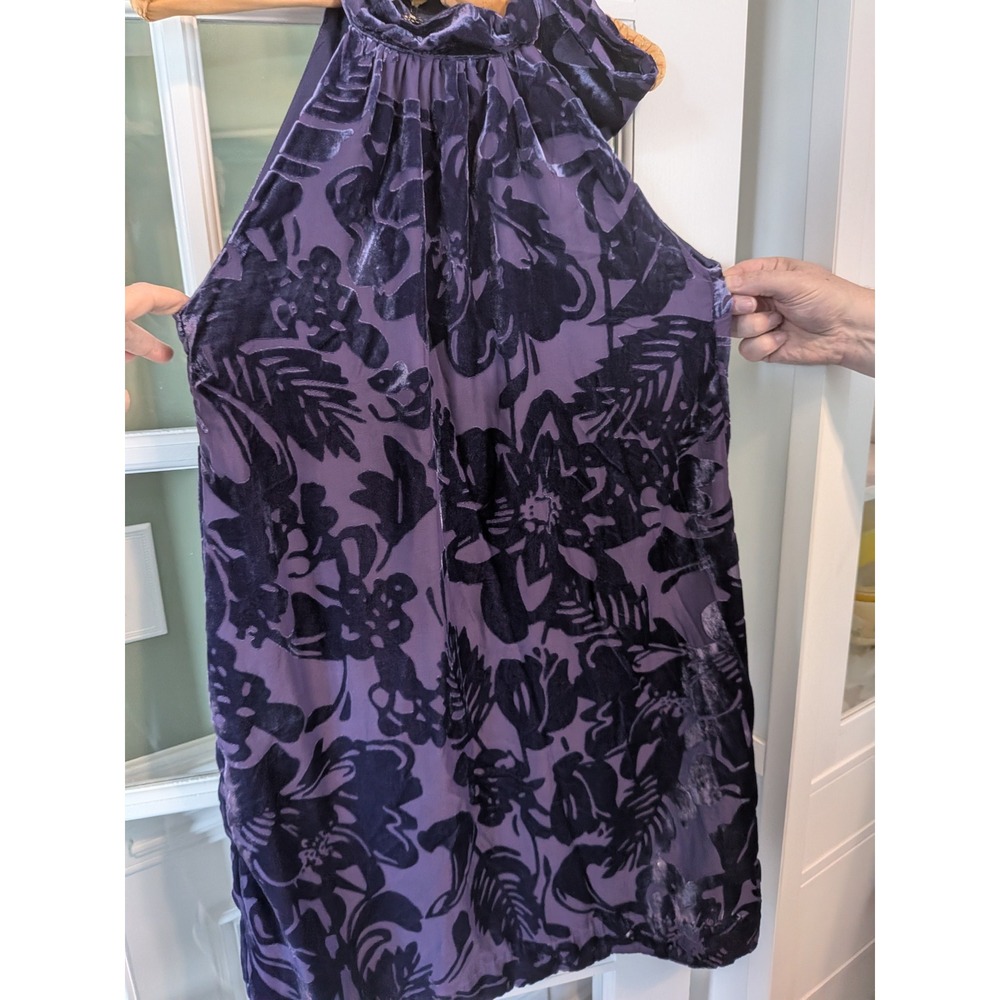 Trina Turk Purple Burnout Velvet Floral Halter Shift Dress Large Plum Cocktail